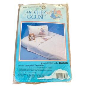 Bucilla Vtg REAL MOTHER GOOSE Sheet & Pillow Case Stamped Cross Stitch